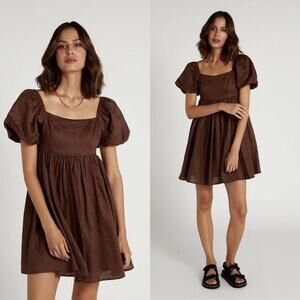 DISSH | Danielle Chocolate Brown Linen Puff Sleeve Babydoll Mini Dress AUS 8 S